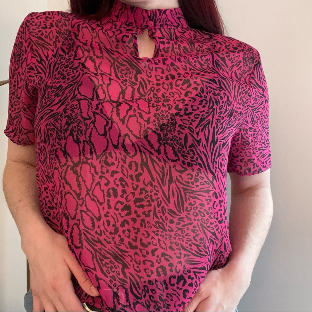Sheer Magenta Leopard Print Blouse - Size 10